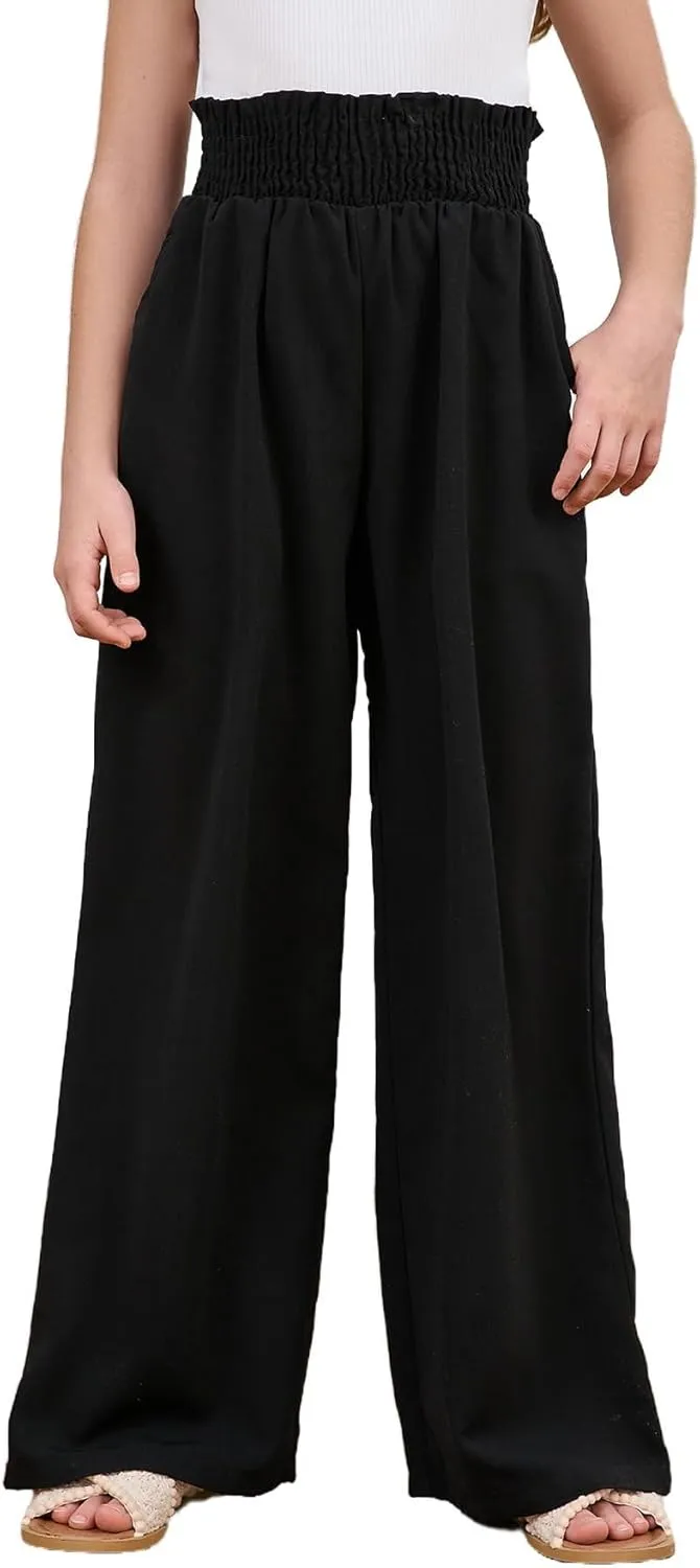 Milumia Girl's Linen High Waist Smocked Paperbag Wide Leg Pants Long Trousers