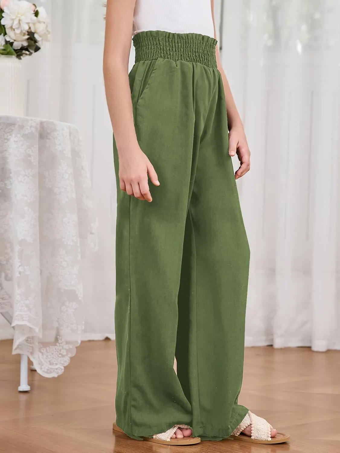 Milumia Girl's Linen High Waist Smocked Paperbag Wide Leg Pants Long Trousers