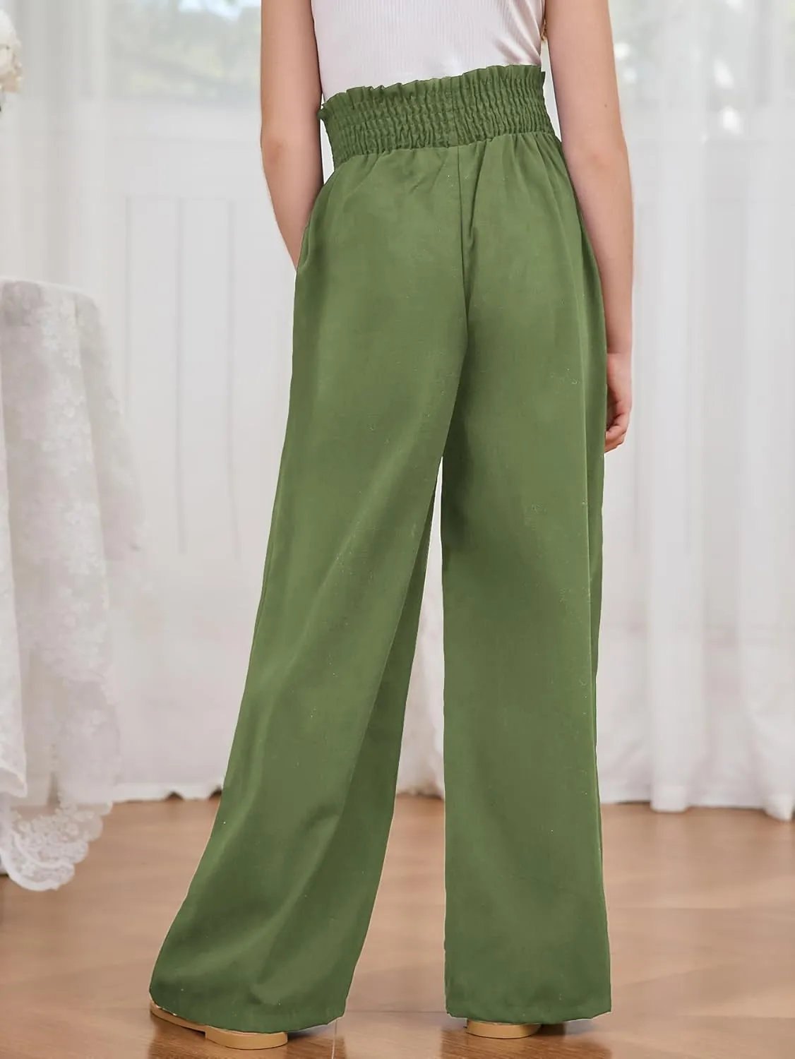 Milumia Girl's Linen High Waist Smocked Paperbag Wide Leg Pants Long Trousers
