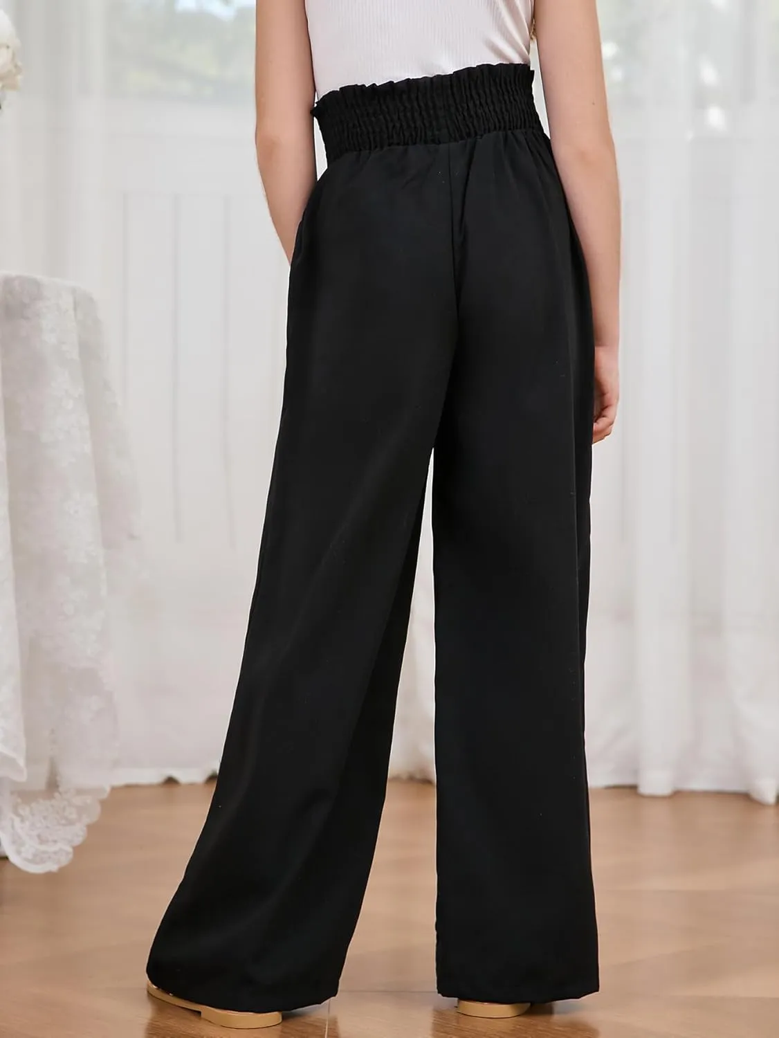 Milumia Girl's Linen High Waist Smocked Paperbag Wide Leg Pants Long Trousers