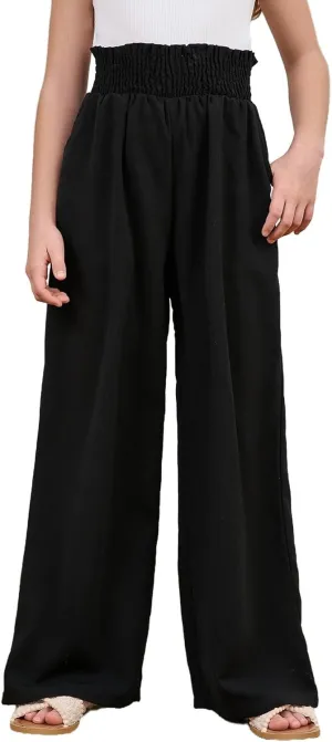 Milumia Girl's Linen High Waist Smocked Paperbag Wide Leg Pants Long Trousers