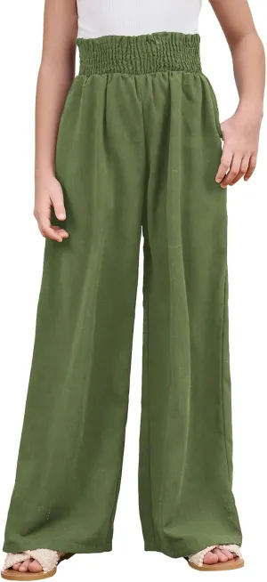 Milumia Girl's Linen High Waist Smocked Paperbag Wide Leg Pants Long Trousers
