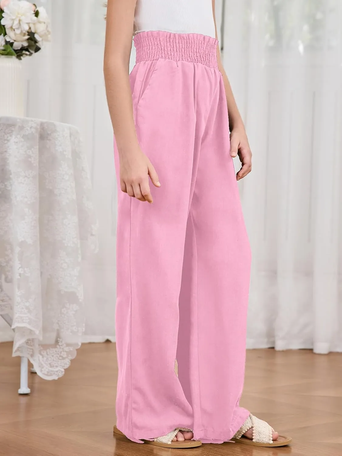 Milumia Girl's Linen High Waist Smocked Paperbag Wide Leg Pants Long Trousers