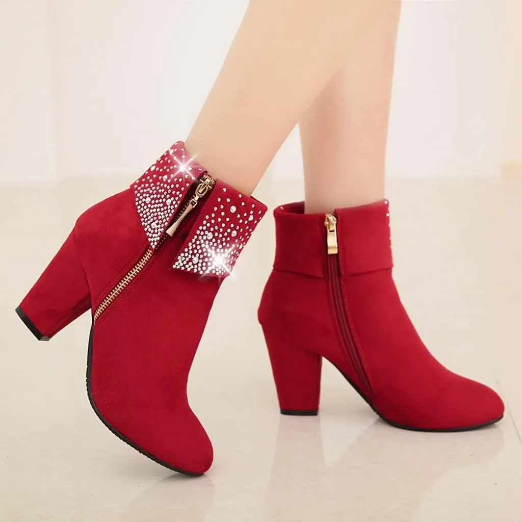 MIOKE Women's Chunky Block High Heel Ankle Boots Rhinestone Round Toe Suede Zipper Bootie Dress Short Boots