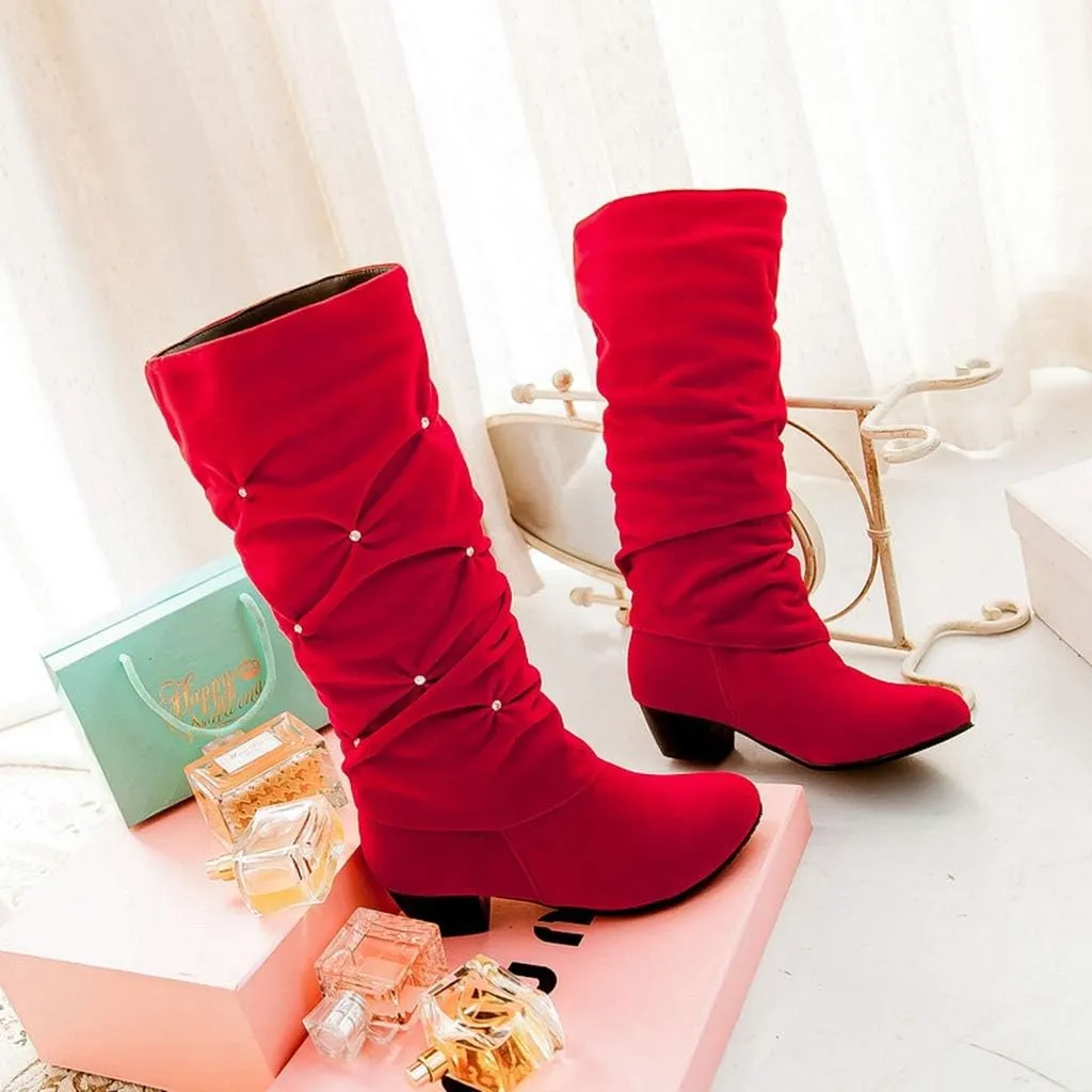 MIOKE Women's Fashion Slouch Mid Calf Riding Boots With Rhinestone Round Toe Suede Cozy Low Heel Dress Boots