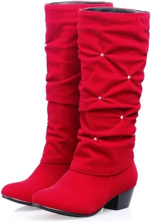 MIOKE Women's Fashion Slouch Mid Calf Riding Boots With Rhinestone Round Toe Suede Cozy Low Heel Dress Boots