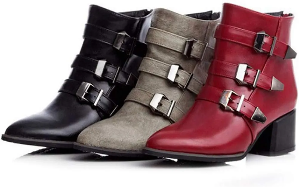MIOKE Women's Pointed Toe Chelsea Ankle Boots Buckle Strappy Block Heel Zipper Bootie Western Short Boot