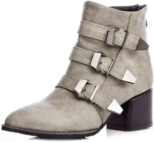 MIOKE Women's Pointed Toe Chelsea Ankle Boots Buckle Strappy Block Heel Zipper Bootie Western Short Boot