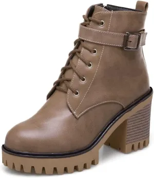 MIOKE Women's Round Toe Platform Dressy Ankle Boots Lace Up Zipper Chunky Block High Heel Dress Short Bootie