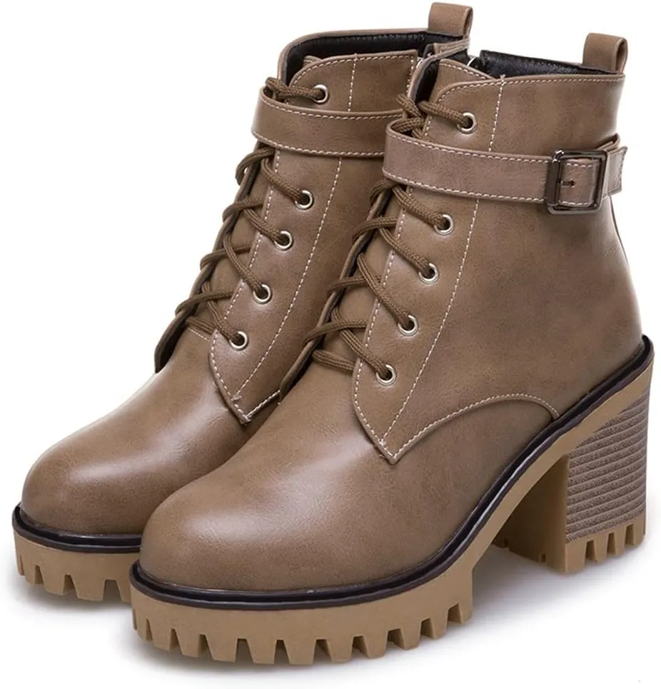 MIOKE Women's Round Toe Platform Dressy Ankle Boots Lace Up Zipper Chunky Block High Heel Dress Short Bootie