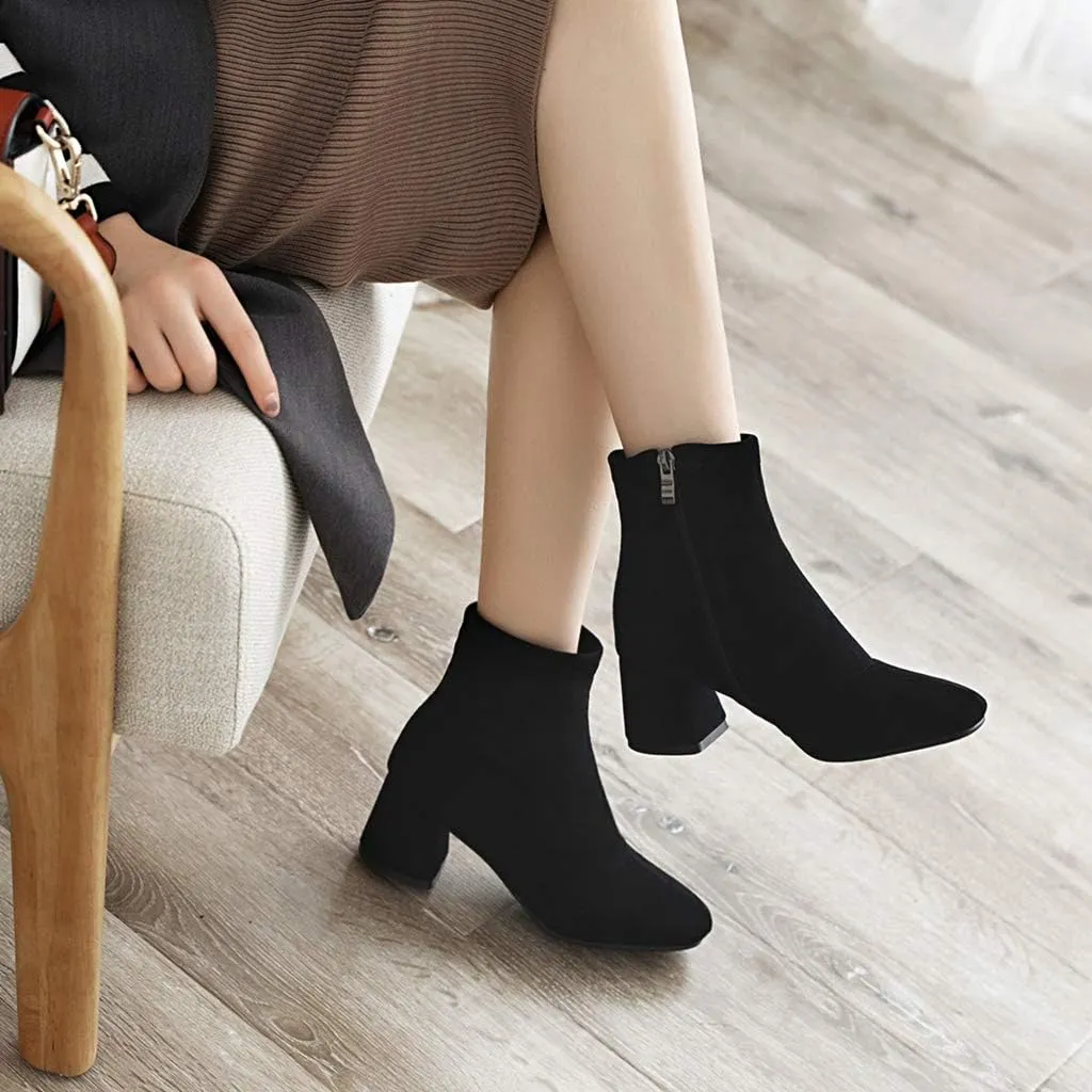 MIOKE Women's Square Toe Stretch Ankle Boots Vegan Suede Zipper Chunky Block Mid Heel Dressy Short Booties