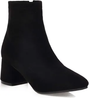 MIOKE Women's Square Toe Stretch Ankle Boots Vegan Suede Zipper Chunky Block Mid Heel Dressy Short Booties
