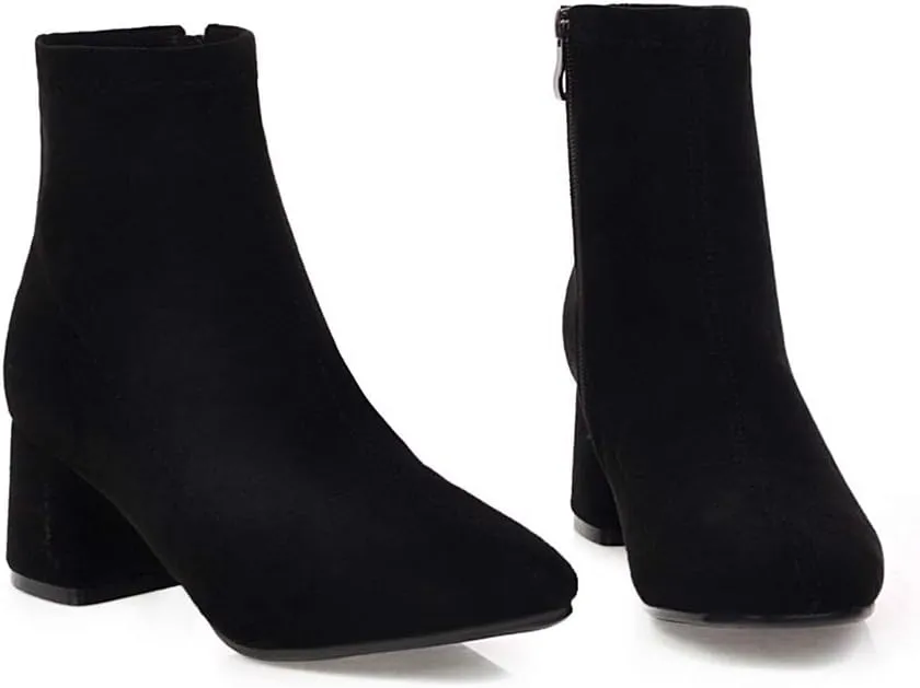 MIOKE Women's Square Toe Stretch Ankle Boots Vegan Suede Zipper Chunky Block Mid Heel Dressy Short Booties