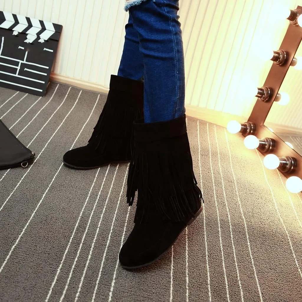 MIOKE Women's Winter Mid Calf Slouch Boots Round Toe Metallic Fur Warm Low Wedge Heel Wide Calf Dressy Boots