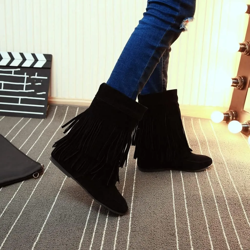 MIOKE Women's Winter Mid Calf Slouch Boots Round Toe Metallic Fur Warm Low Wedge Heel Wide Calf Dressy Boots