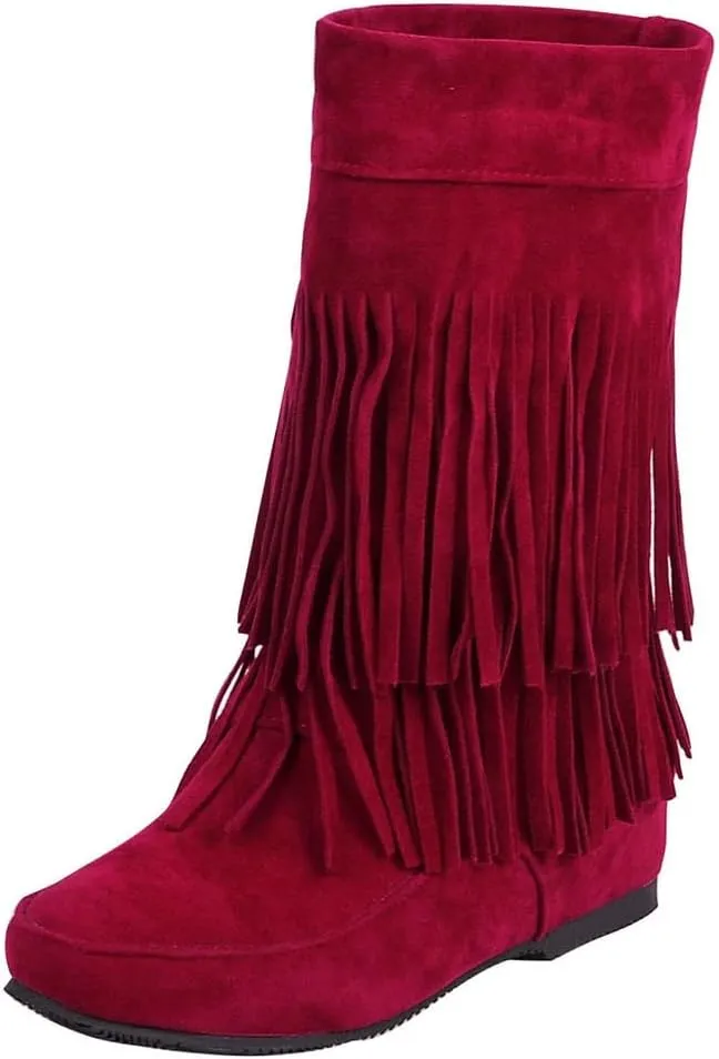 MIOKE Women's Winter Mid Calf Slouch Boots Round Toe Metallic Fur Warm Low Wedge Heel Wide Calf Dressy Boots