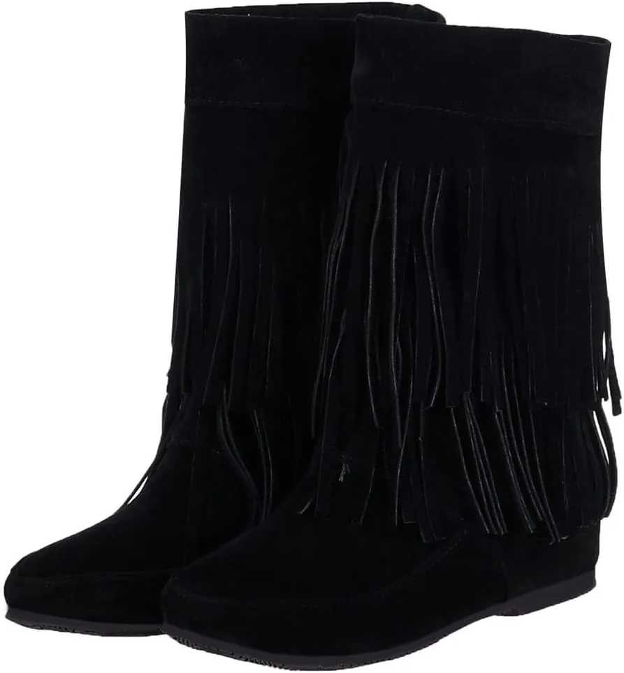MIOKE Women's Winter Mid Calf Slouch Boots Round Toe Metallic Fur Warm Low Wedge Heel Wide Calf Dressy Boots