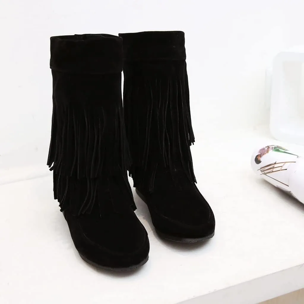 MIOKE Women's Winter Mid Calf Slouch Boots Round Toe Metallic Fur Warm Low Wedge Heel Wide Calf Dressy Boots