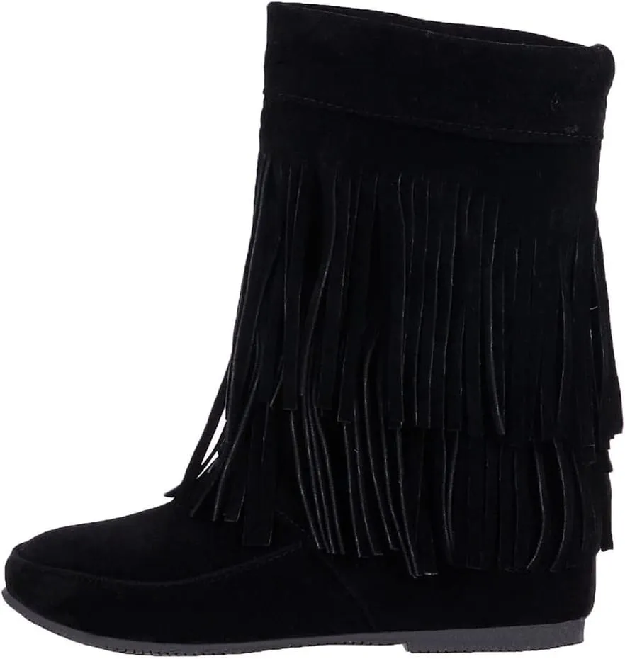 MIOKE Women's Winter Mid Calf Slouch Boots Round Toe Metallic Fur Warm Low Wedge Heel Wide Calf Dressy Boots