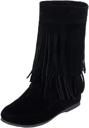MIOKE Women's Winter Mid Calf Slouch Boots Round Toe Metallic Fur Warm Low Wedge Heel Wide Calf Dressy Boots
