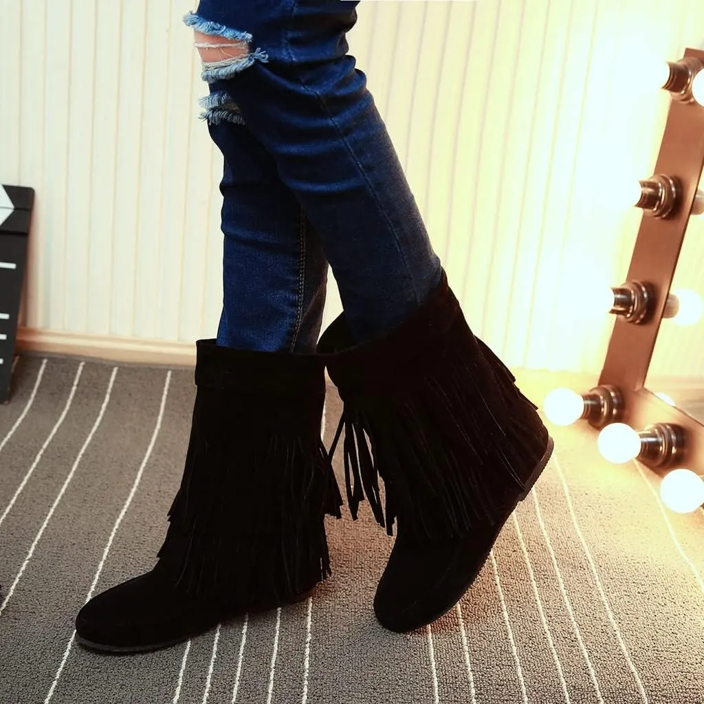 MIOKE Women's Winter Mid Calf Slouch Boots Round Toe Metallic Fur Warm Low Wedge Heel Wide Calf Dressy Boots