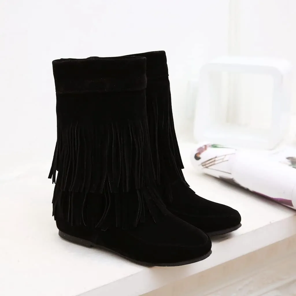 MIOKE Women's Winter Mid Calf Slouch Boots Round Toe Metallic Fur Warm Low Wedge Heel Wide Calf Dressy Boots