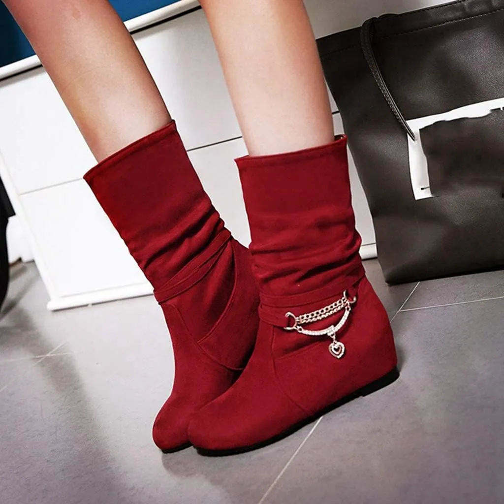 MIOKE Women's Winter Mid Calf Slouch Boots Round Toe Metallic Fur Warm Low Wedge Heel Wide Calf Dressy Boots
