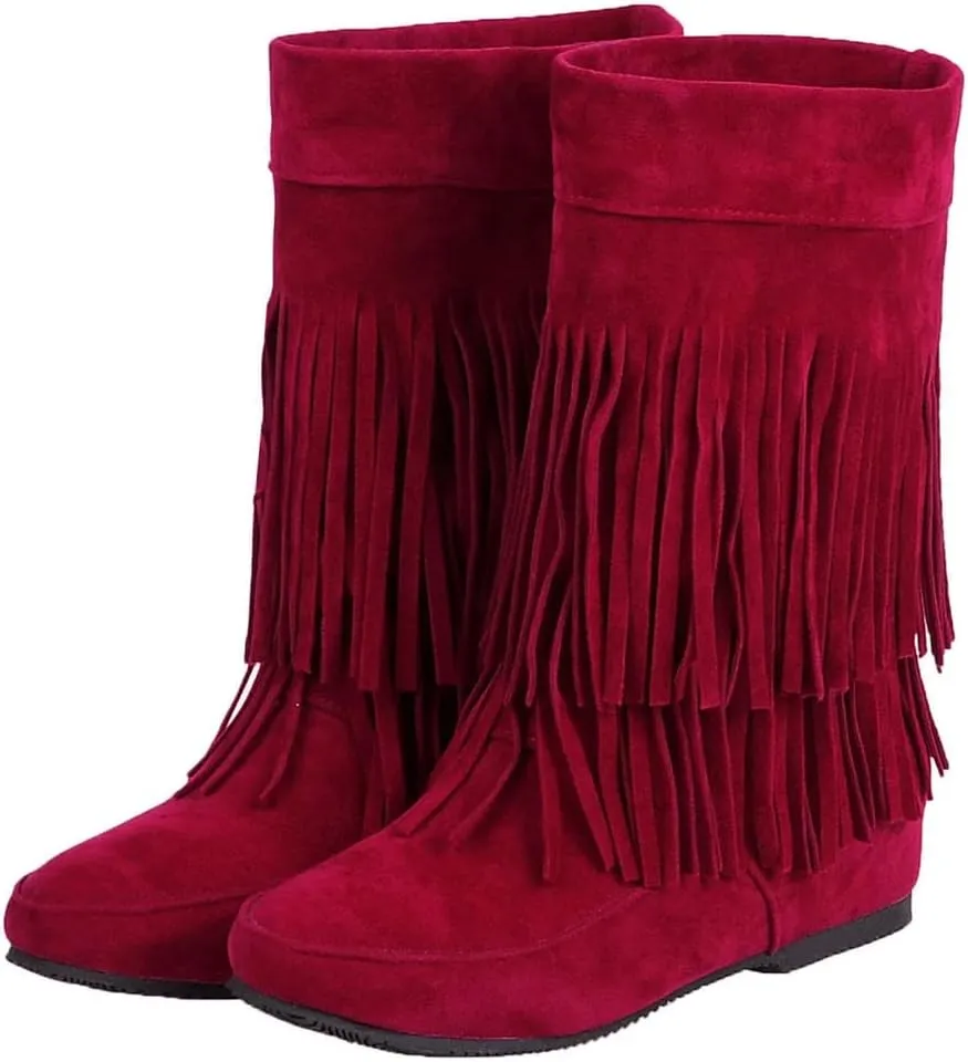 MIOKE Women's Winter Mid Calf Slouch Boots Round Toe Metallic Fur Warm Low Wedge Heel Wide Calf Dressy Boots