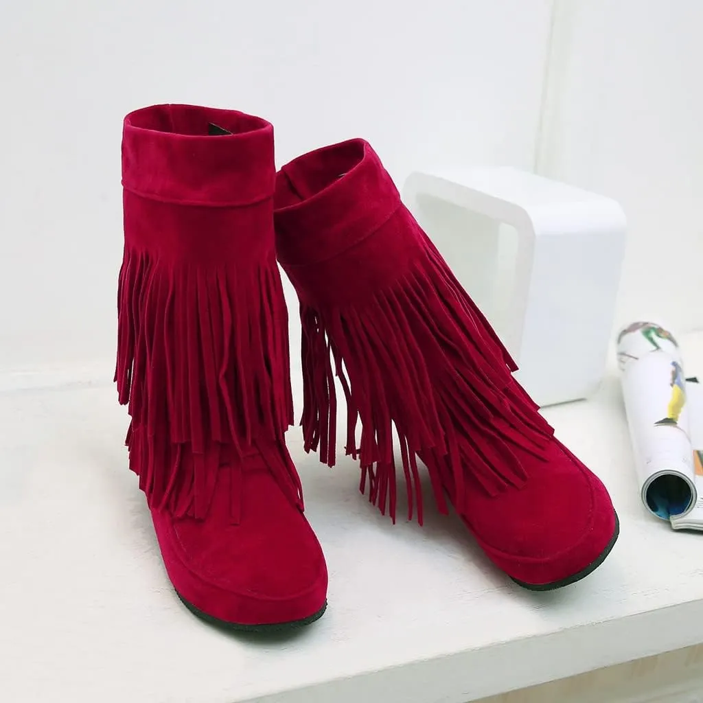 MIOKE Women's Winter Mid Calf Slouch Boots Round Toe Metallic Fur Warm Low Wedge Heel Wide Calf Dressy Boots