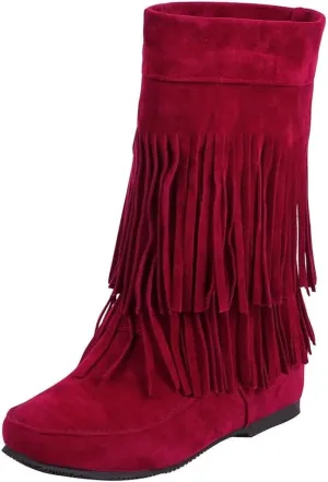 MIOKE Women's Winter Mid Calf Slouch Boots Round Toe Metallic Fur Warm Low Wedge Heel Wide Calf Dressy Boots