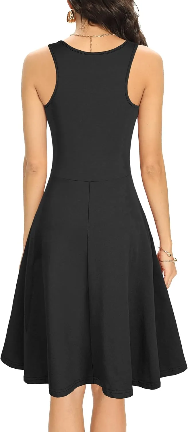 Missufe Women's Sleeveless Racerback Flared Casual Plain Tank Dress