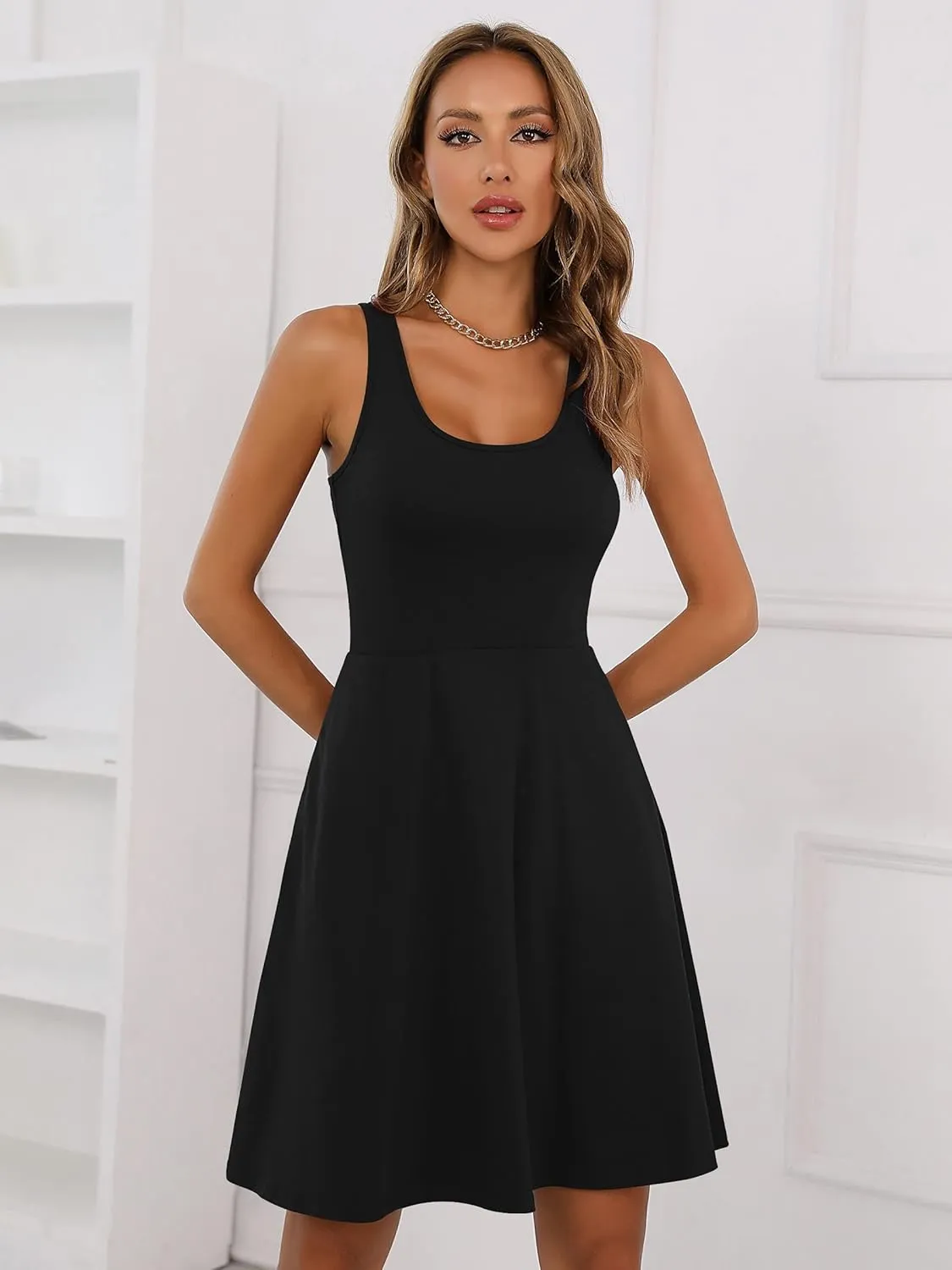 Missufe Women's Sleeveless Racerback Flared Casual Plain Tank Dress