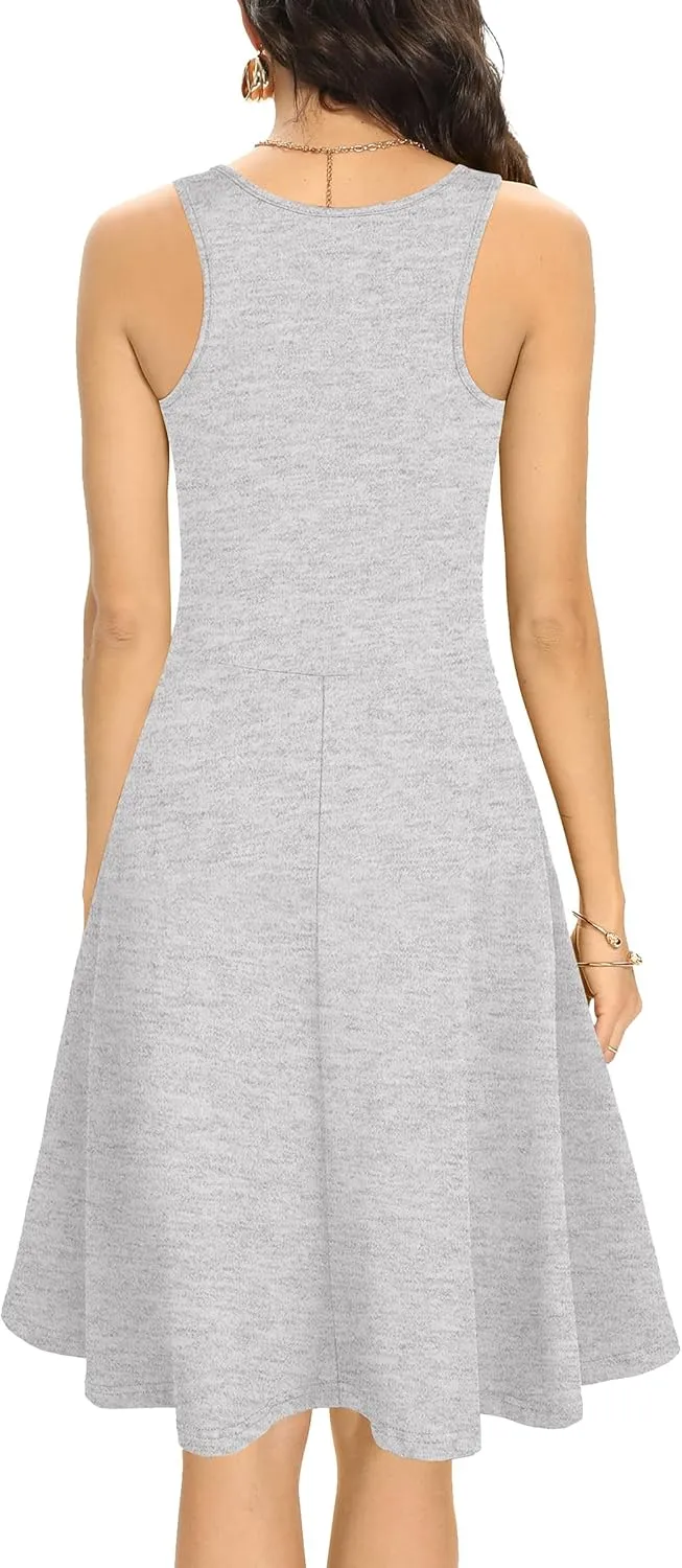Missufe Women's Sleeveless Racerback Flared Casual Plain Tank Dress