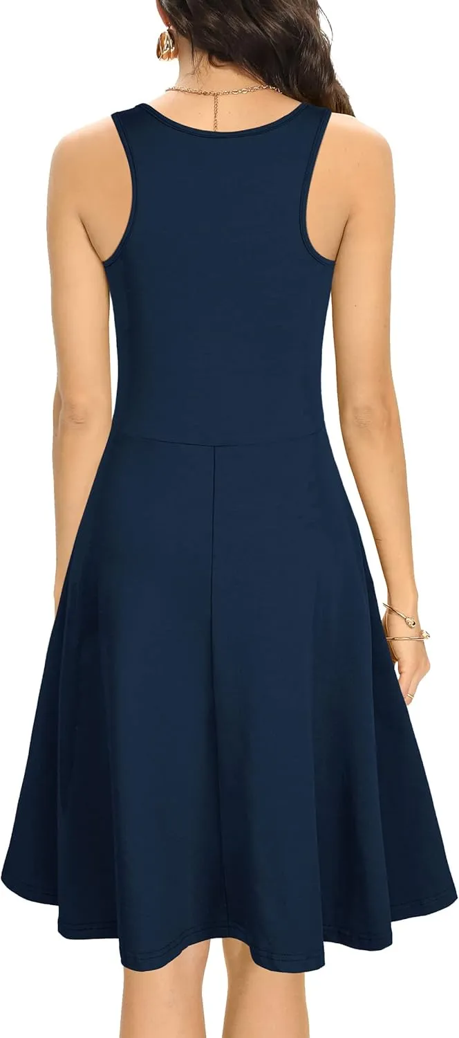 Missufe Women's Sleeveless Racerback Flared Casual Plain Tank Dress
