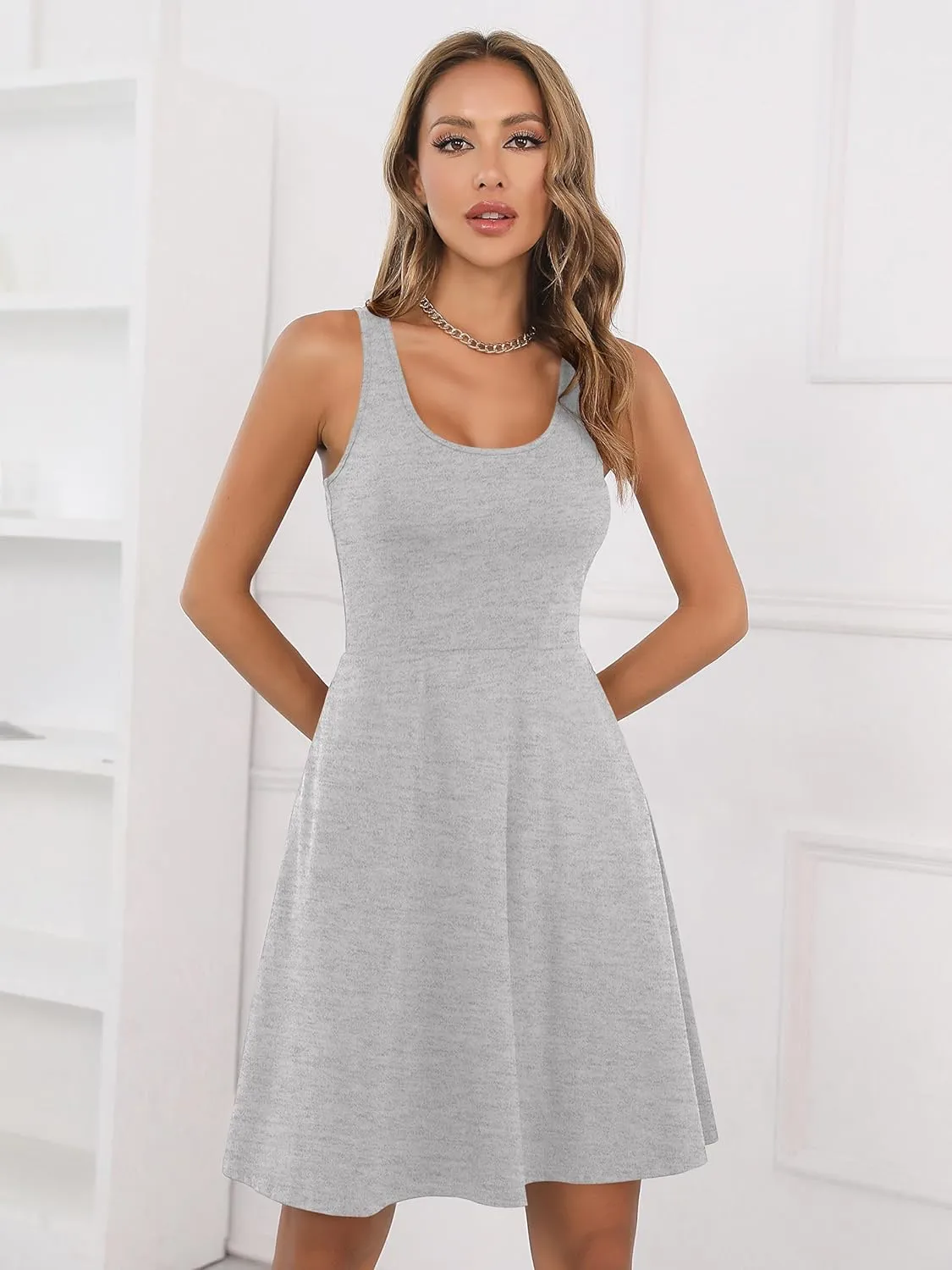 Missufe Women's Sleeveless Racerback Flared Casual Plain Tank Dress