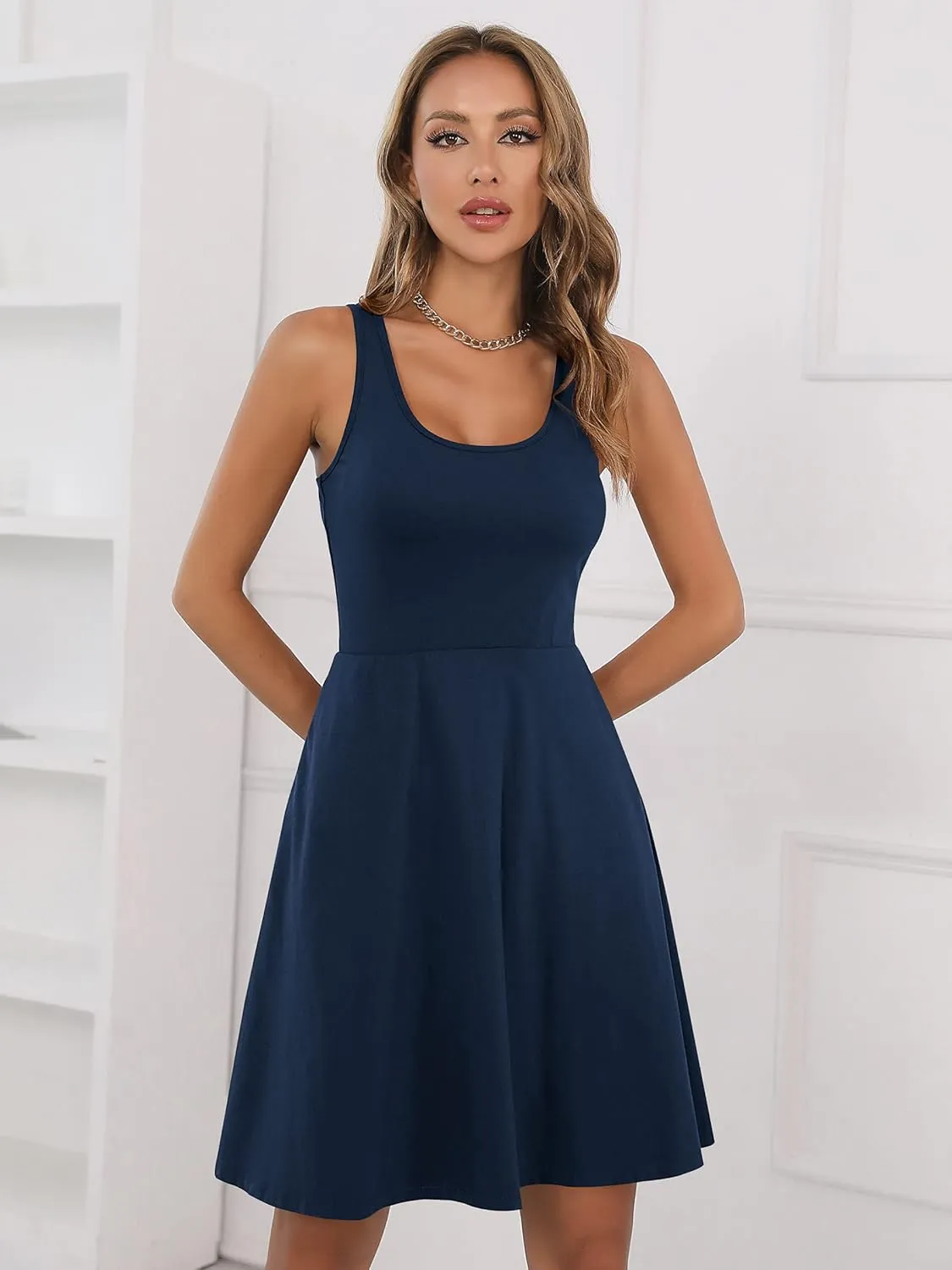 Missufe Women's Sleeveless Racerback Flared Casual Plain Tank Dress