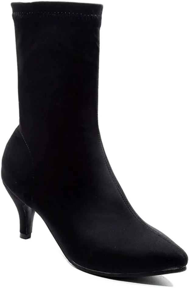 MISTU Women's Pointed Toe Stretch Ankle Boots Fashion Pull On Comfy Kitten Low Heels Dressy Short Booties