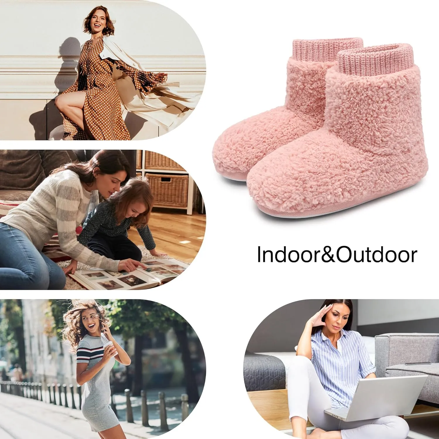 MIXIN Women's Comfort Warm Faux Fleece Fuzzy Ankle Bootie Slippers Plush Lining Slip-on House Shoes Anti-Slip Sole Indoor/Outdoor