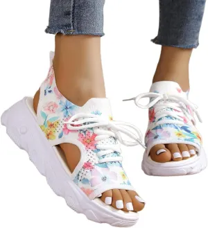Mmoneyake Sandals for Women Open Toe Sports Sandals Hollow Out Platform Sandals Hike Easy Breathable Outdoor Slip-On Sneakers Fabric Lace Up Front Sandals Breathable Mesh Lightweight Shoes