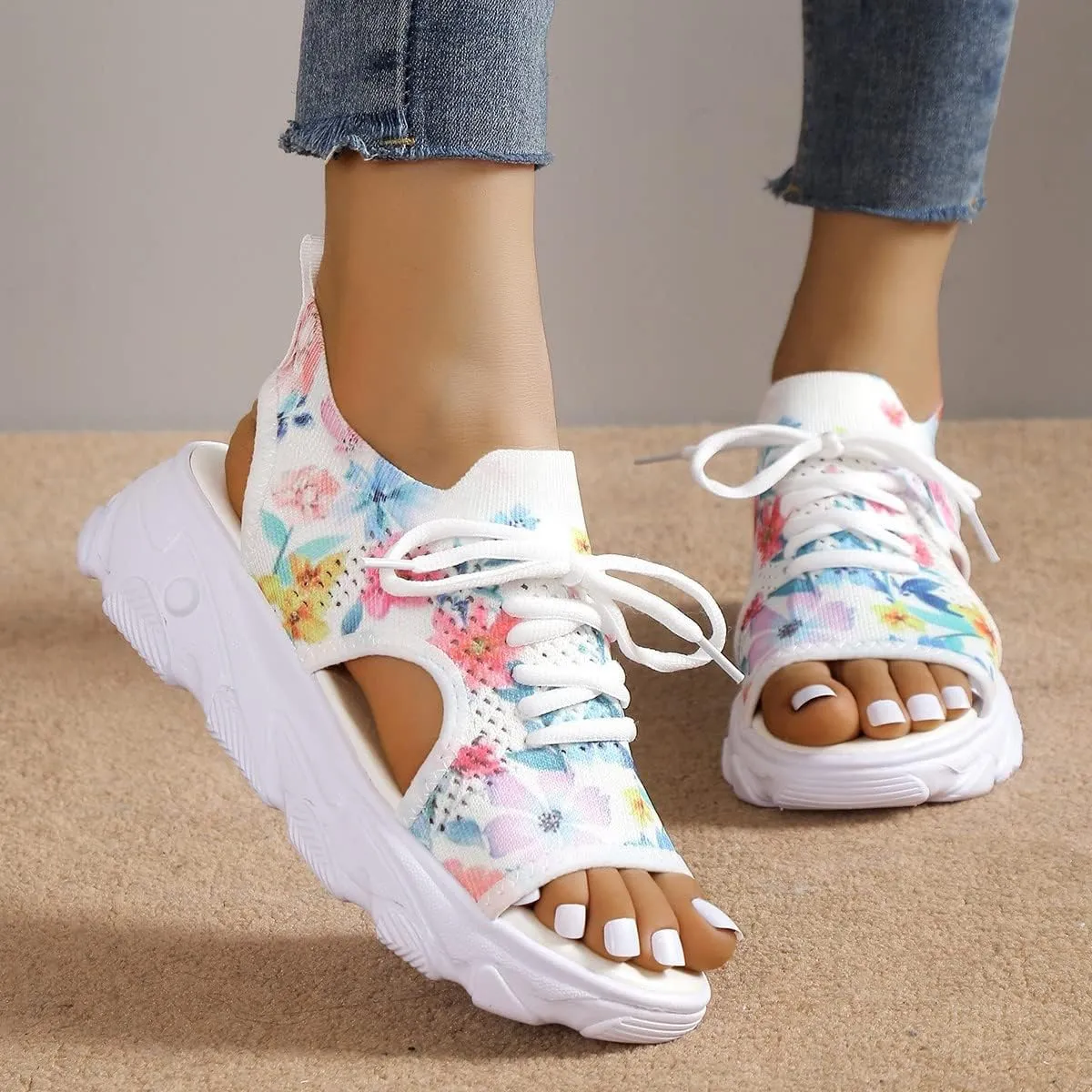 Mmoneyake Sandals for Women Open Toe Sports Sandals Hollow Out Platform Sandals Hike Easy Breathable Outdoor Slip-On Sneakers Fabric Lace Up Front Sandals Breathable Mesh Lightweight Shoes
