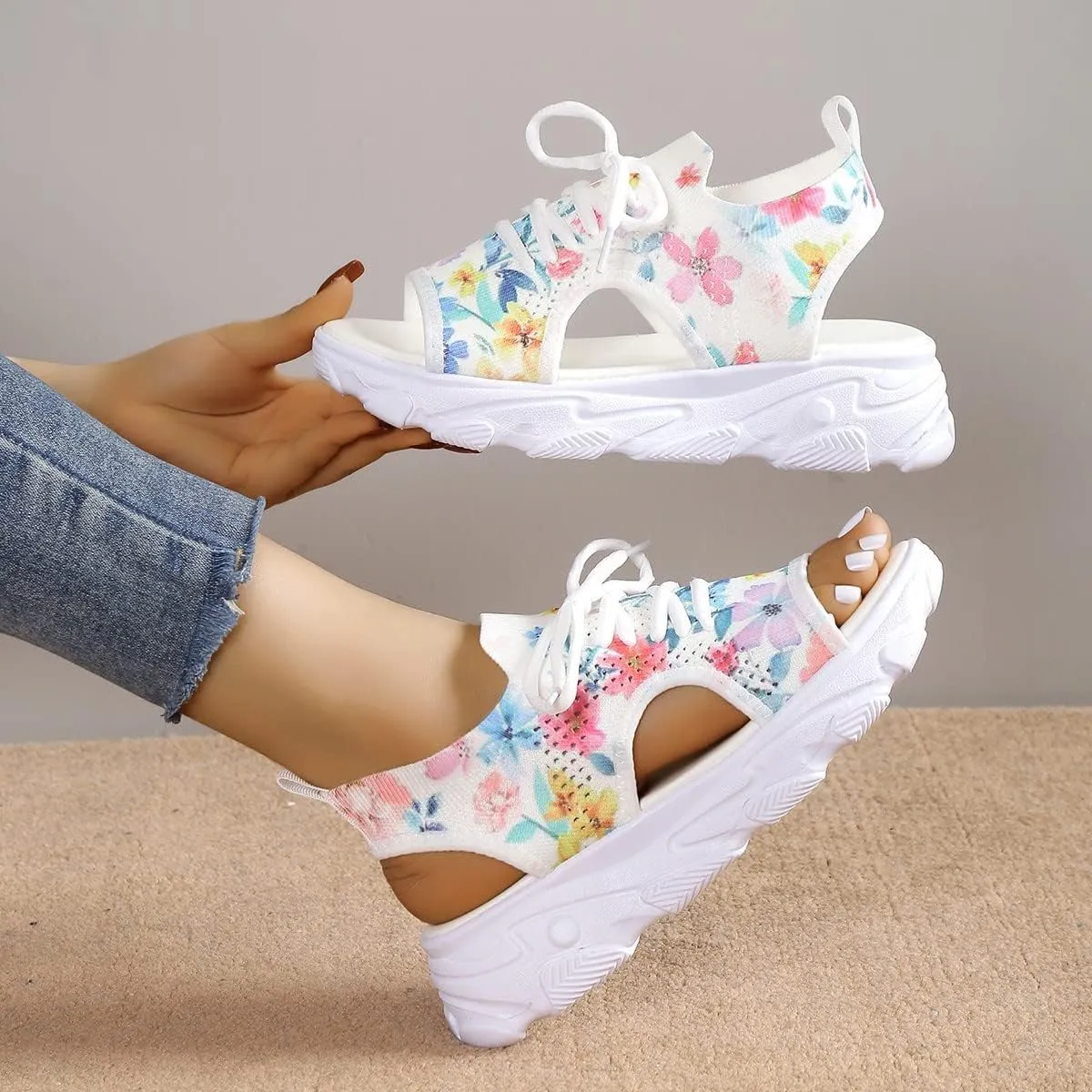 Mmoneyake Sandals for Women Open Toe Sports Sandals Hollow Out Platform Sandals Hike Easy Breathable Outdoor Slip-On Sneakers Fabric Lace Up Front Sandals Breathable Mesh Lightweight Shoes