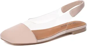 Mofirdast Clear Flats Sandals for Women Square Toe Slingback Flats with Transparent Ankle Strap for Work Weddings Parties