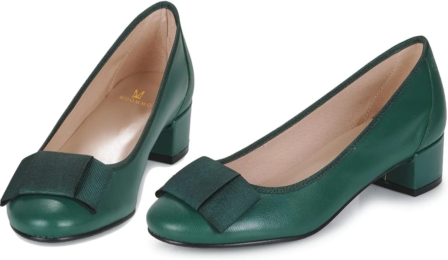 MOOMMO Women Low Chunky Heel Pumps Shoes Bows Round Closed Toe Slip On Block Heels Dress Sandals Cap Toe Bow Flats Shoes Two-Toned Ladies Girls Wedding Office School Elegant Comfort Spring 4-11 M US