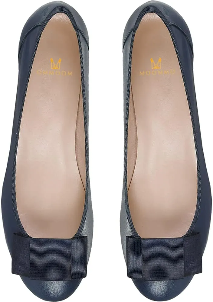 MOOMMO Women Low Chunky Heel Pumps Shoes Bows Round Closed Toe Slip On Block Heels Dress Sandals Cap Toe Bow Flats Shoes Two-Toned Ladies Girls Wedding Office School Elegant Comfort Spring 4-11 M US