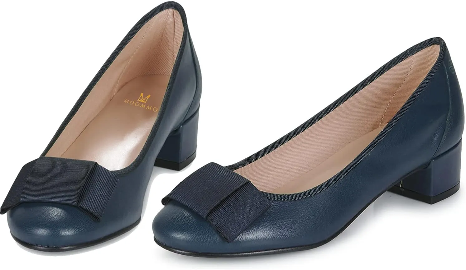MOOMMO Women Low Chunky Heel Pumps Shoes Bows Round Closed Toe Slip On Block Heels Dress Sandals Cap Toe Bow Flats Shoes Two-Toned Ladies Girls Wedding Office School Elegant Comfort Spring 4-11 M US