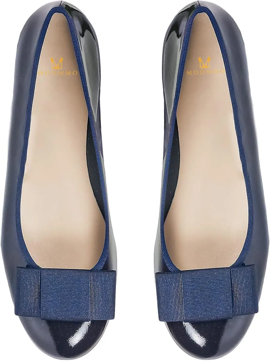 MOOMMO Women Low Chunky Heel Pumps Shoes Bows Round Closed Toe Slip On Block Heels Dress Sandals Cap Toe Bow Flats Shoes Two-Toned Ladies Girls Wedding Office School Elegant Comfort Spring 4-11 M US
