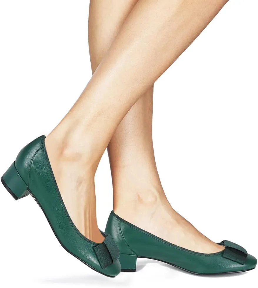 MOOMMO Women Low Chunky Heel Pumps Shoes Bows Round Closed Toe Slip On Block Heels Dress Sandals Cap Toe Bow Flats Shoes Two-Toned Ladies Girls Wedding Office School Elegant Comfort Spring 4-11 M US