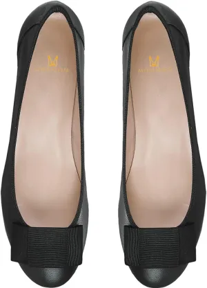 MOOMMO Women Low Chunky Heel Pumps Shoes Bows Round Closed Toe Slip On Block Heels Dress Sandals Cap Toe Bow Flats Shoes Two-Toned Ladies Girls Wedding Office School Elegant Comfort Spring 4-11 M US