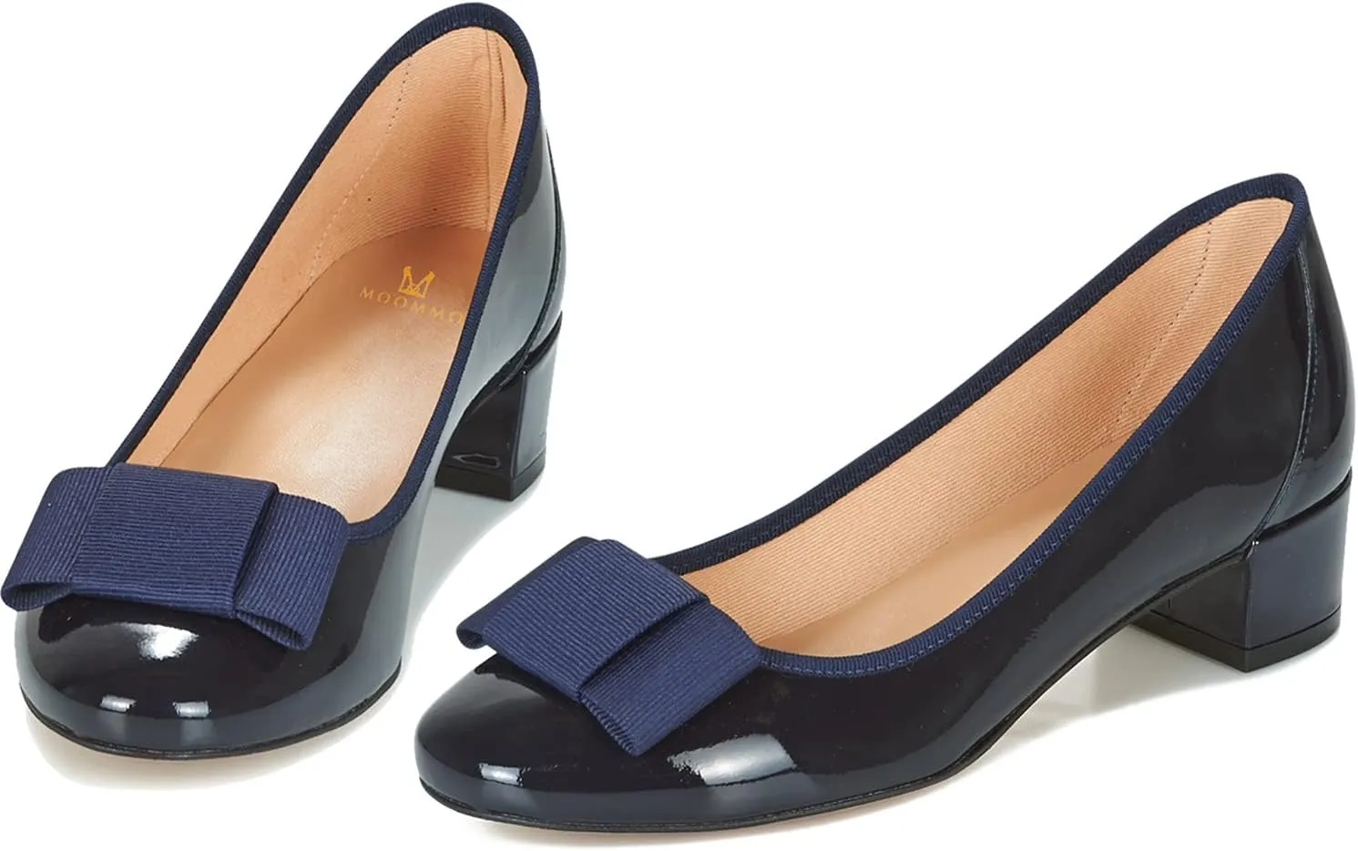 MOOMMO Women Low Chunky Heel Pumps Shoes Bows Round Closed Toe Slip On Block Heels Dress Sandals Cap Toe Bow Flats Shoes Two-Toned Ladies Girls Wedding Office School Elegant Comfort Spring 4-11 M US