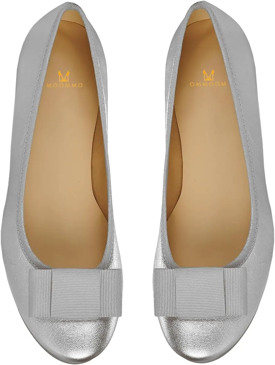 MOOMMO Women Low Chunky Heel Pumps Shoes Bows Round Closed Toe Slip On Block Heels Dress Sandals Cap Toe Bow Flats Shoes Two-Toned Ladies Girls Wedding Office School Elegant Comfort Spring 4-11 M US